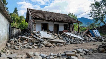 Destruction After Earthquake with Debris Surrounding a House