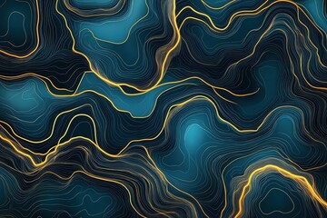 Fototapeta premium Abstract Topographic Lines Glowing Gold Over Dark Blue Background, Minimalist Art