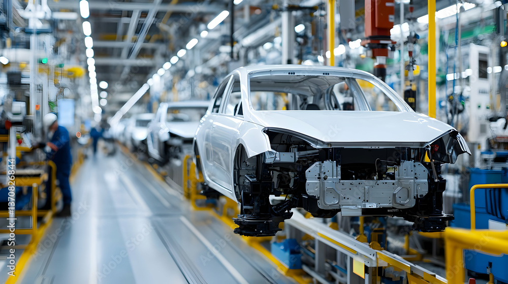 Poster white car chassis on automated assembly line in modern factory