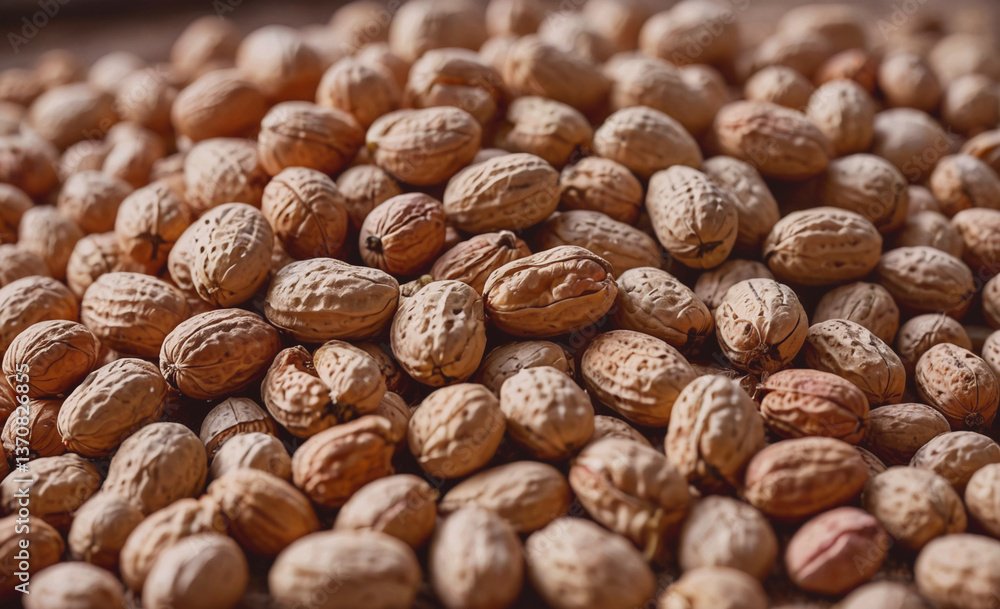 Poster Pile of nuts with a few of them missing. The nuts are brown and have a few holes in them