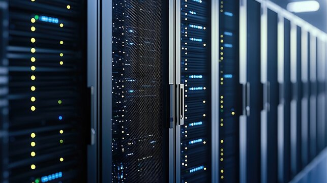 Modern data center with secure server racks, glowing lights, and advanced infrastructure. Ideal for themes related to cloud technology, IT networks, and data management