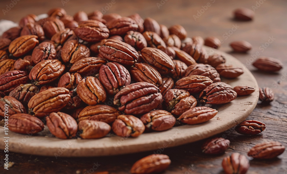 Poster Plate of nuts with a few scattered on the table. The nuts are mostly brown and some are white