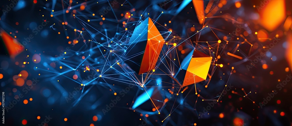 Poster a conceptual blockchain hologram displayed on a blurred, futuristic background, representing innovat