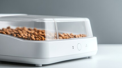 A sleek, white automatic pet feeder with food visible under a clear cover.