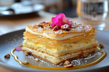 Rabri Mille Feuille fusion plated in puff pastry layers, topped with nuts and
