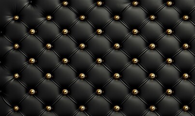 Quilted Black Leather Texture with Gold Buttons, Elegant Upholstery, Sophisticated