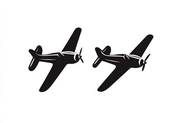 Two Black Vintage Airplanes with Propellers Silhouette on a White Background