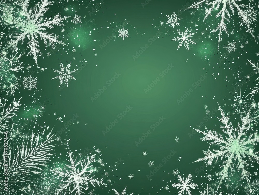 Poster elegant winter background with sparkling snowflakes on a deep green backdrop creating a festive and 