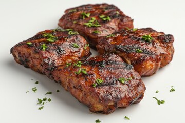 Delicious grilled pork ribs with fresh herbs on a white background showcasing culinary perfection and appetizing presentation for food enthusiasts