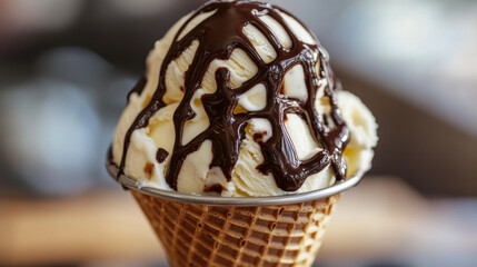 Soft white vanilla swirl ice cream with chocolate syrup in waffle cone. Realistic 3d vector illustration set of sweet cold milk dessert with cocoa liquid topping in cup with waffler texture.
