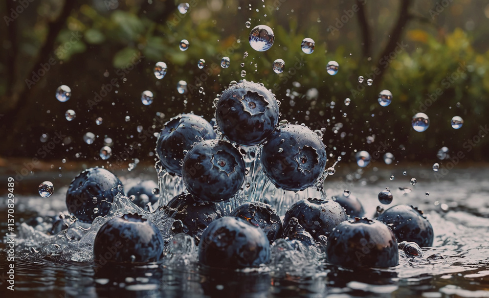 Poster Bunch of blueberries are in the water. They are splashing and creating a lot of bubbles