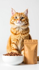 Orange cat sitting beside a bowl of cat food and a bag of pet food on a white background showcasing a healthy pet nutrition concept