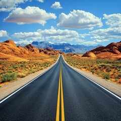 Asphalt Road Leading to Distant Mountains Under a Blue Sky with Clouds in a Desert Landscape View