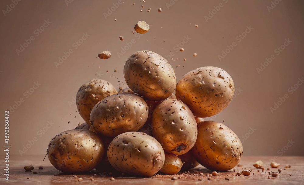 Aufkleber Pile of gold potatoes on a table. The potatoes are in different sizes and are piled on top of each other