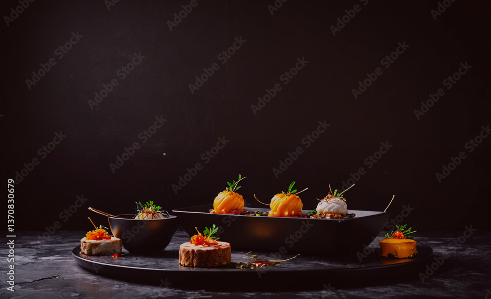 Poster black tray with a variety of food items on it. there are several bowls and plates with different typ