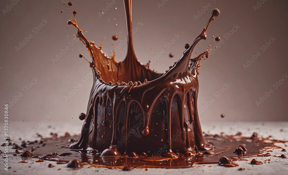 Poster chocolate cake with chocolate drips on it. the cake is on a table