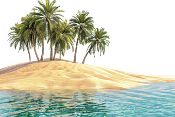 A small desert island with palm trees and golden sand under the sky.