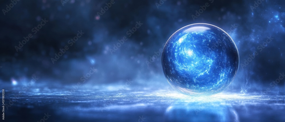 Poster captivating blue crystal ball with cosmic energy on a dark surface creating a mystical and ethereal 