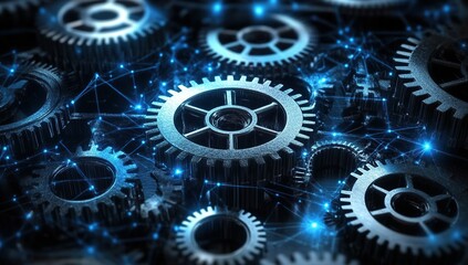 Gears and cogs forming an intricate network, symbolizing the interconnected nature of technology in business development.