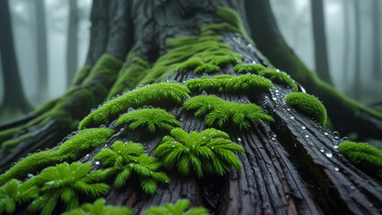 Capture a close-up view of vibrant green moss growing along the rough
