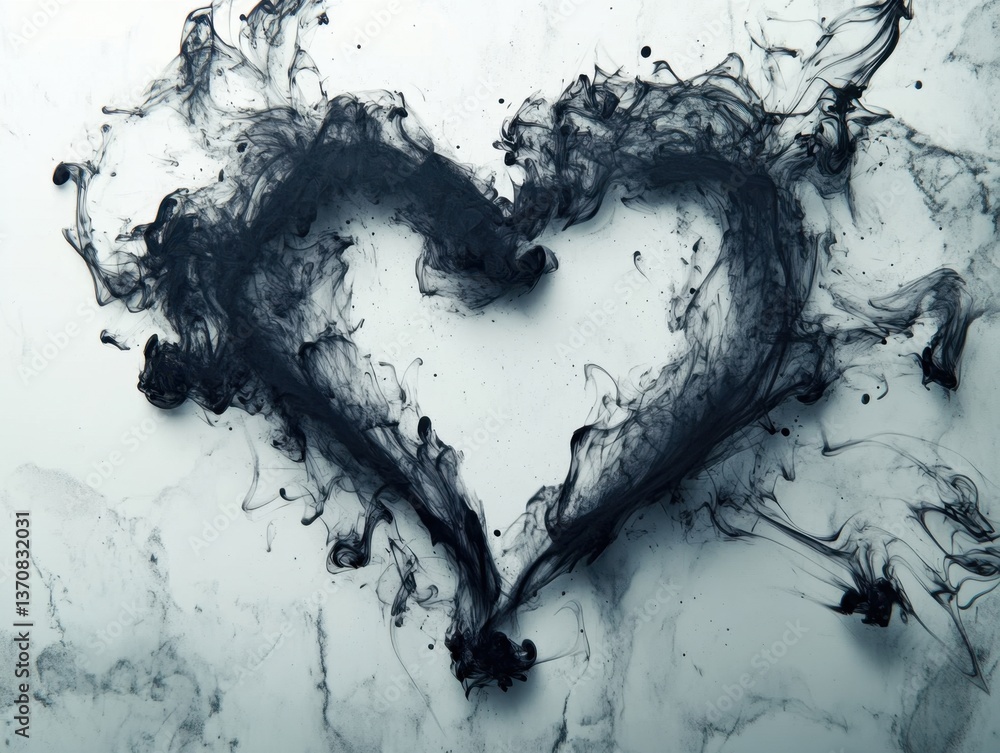Poster ethereal heart shape formed by dark ink in water creating a moody and artistic abstract design on wh