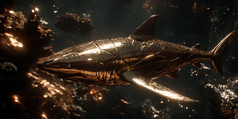 Shark with Mirror-Like Skin Reflecting Everything Around It Background for Optical Illusions, Shimmering Surfaces, or Stealth Predators