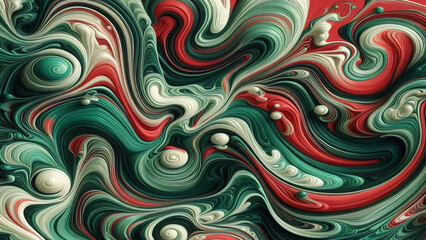 Generate an abstract red background with a marble effect, where various shades of green