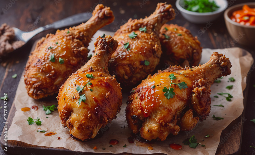 Poster plate of chicken wings with a side of parsley. the chicken wings are covered in a sauce and are sitt