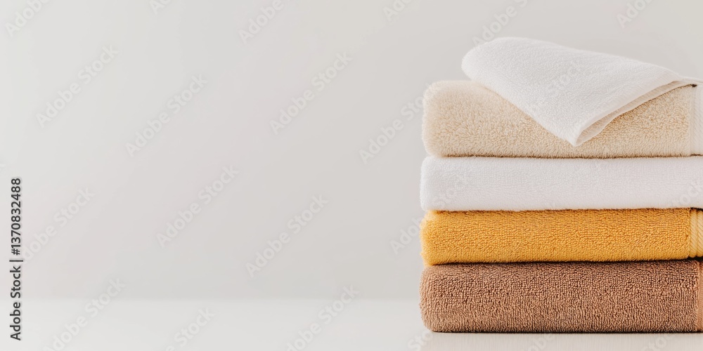 Poster a stack of towels with one of them being yellow. the towels are piled on top of each other