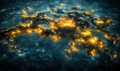 Fototapeta premium Aerial view of illuminated island volcano eruption at night