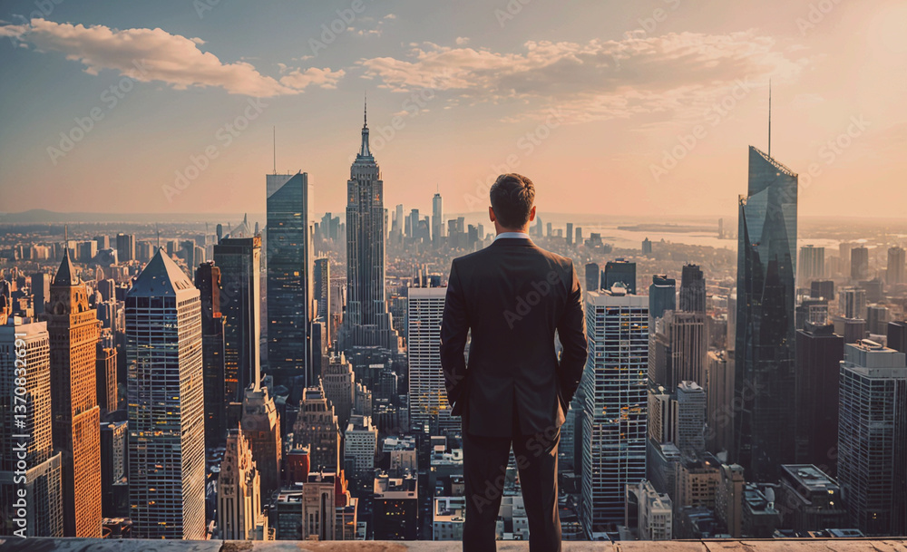 Poster man in a suit is standing on a rooftop looking out over a city. the city is filled with tall buildin