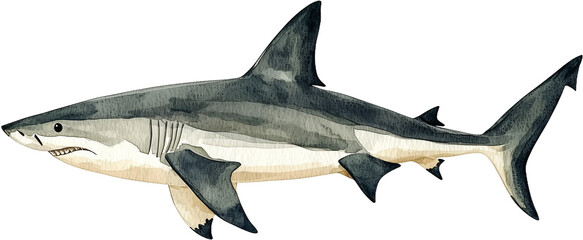 Fototapeta premium Watercolor Illustration of a Great White Shark Swimming