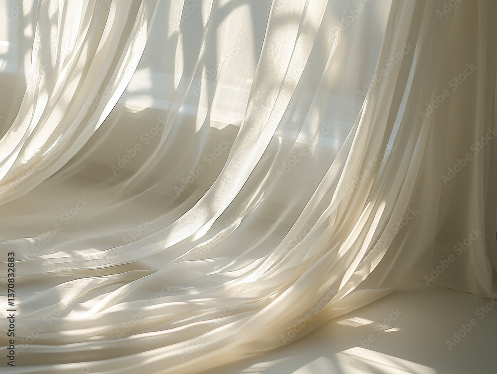 Poster flowing white sheer curtains create a serene atmosphere with soft shadows and gentle breezes
