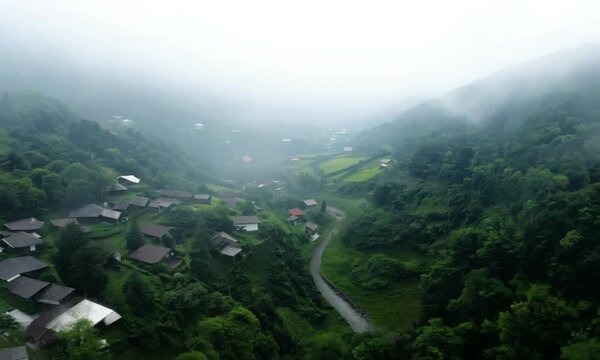 Fog-covered valley village, nature landscape mountain, aerial scenic, scenery forest outdoor, hill green view, tree environment rural, tranquil countryside, scene mist