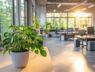 Serene office space with natural light and indoor plant promoting well being and productivity in modern workspace environment with blurred background