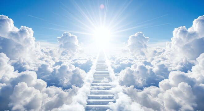 Ascension to the Heavens: A staircase bathed in heavenly light ascends into a brilliant sun, framed by soft clouds. An inspiring image filled with spiritual connotations.