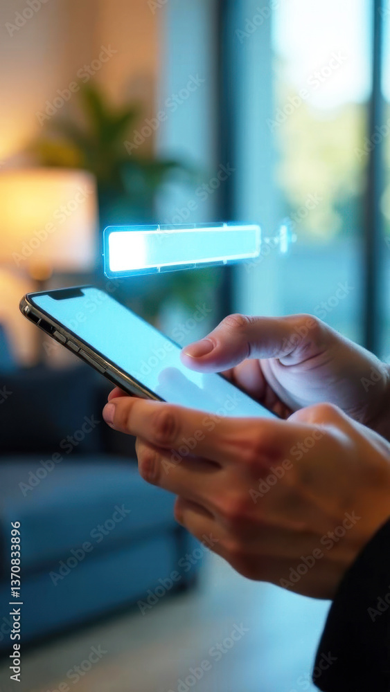Poster modern smartphone in hands with glowing screen displaying notifications, showcasing technology and c