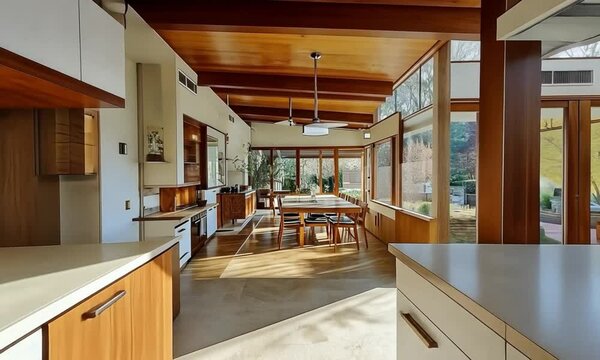 Mid-Century Modern Kitchen and Dining Area with Sunlit Views