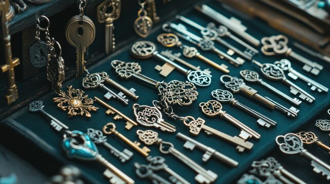 A collection of vintage and antique keys arranged in an orderly display.