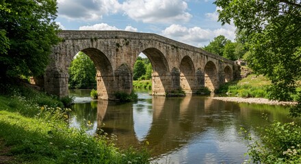Historical bridge reflecting on serene river under blue sky  