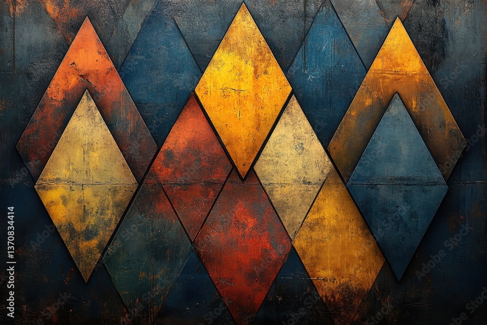 Poster vibrant geometric patterns on textured background with warm and cool tones