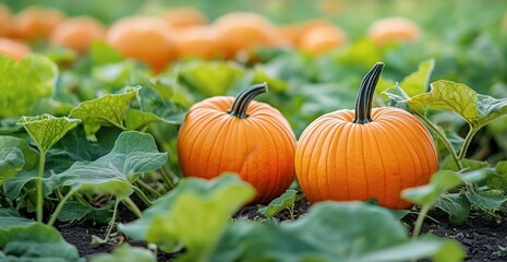 Pumpkin Harvest in a Vibrant Field During Autumn Season With Green Leaves and Bright Orange Pumpkins