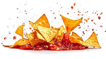 Tortilla chips with salsa studio food photography on white background