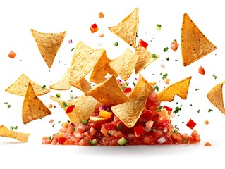 Tossing tortilla chips with fresh salsa kitchen food photography bright exciting