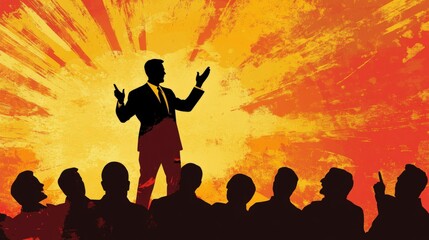 The Speaker's Oratory: A silhouette of a charismatic speaker commanding attention, gesturing powerfully as he addresses an audience, bathed in the radiant glow of impactful communication. 