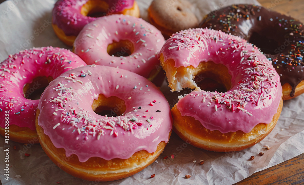 Poster row of donuts with pink frosting and sprinkles. one of the donuts has been partially eaten