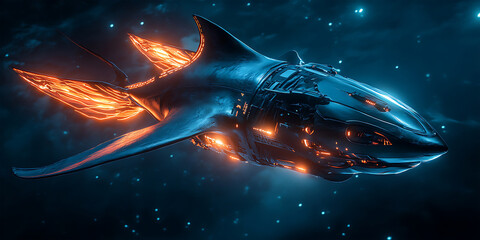 Shark with Glowing Wings Merging the Power of Air and Sea Background for Elemental Fusion, Hybrid Mythology, or Celestial Beings