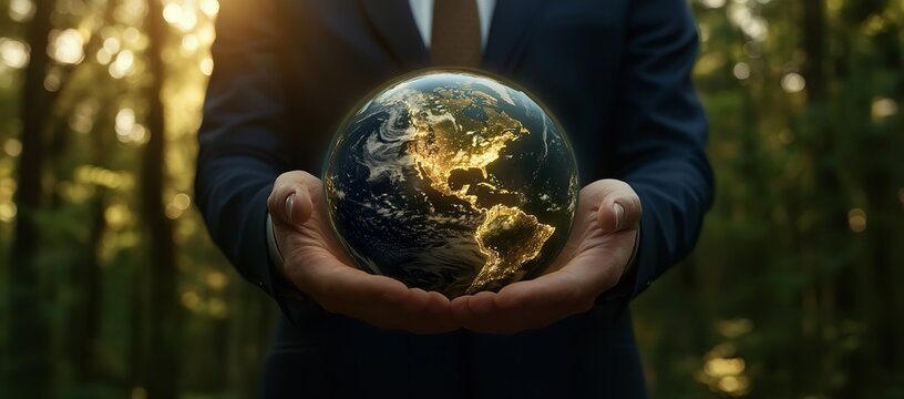 Businessman holding globe in hands representing earth care and global concept blue planet in male ecology and background of business and nature communication travel and future technology