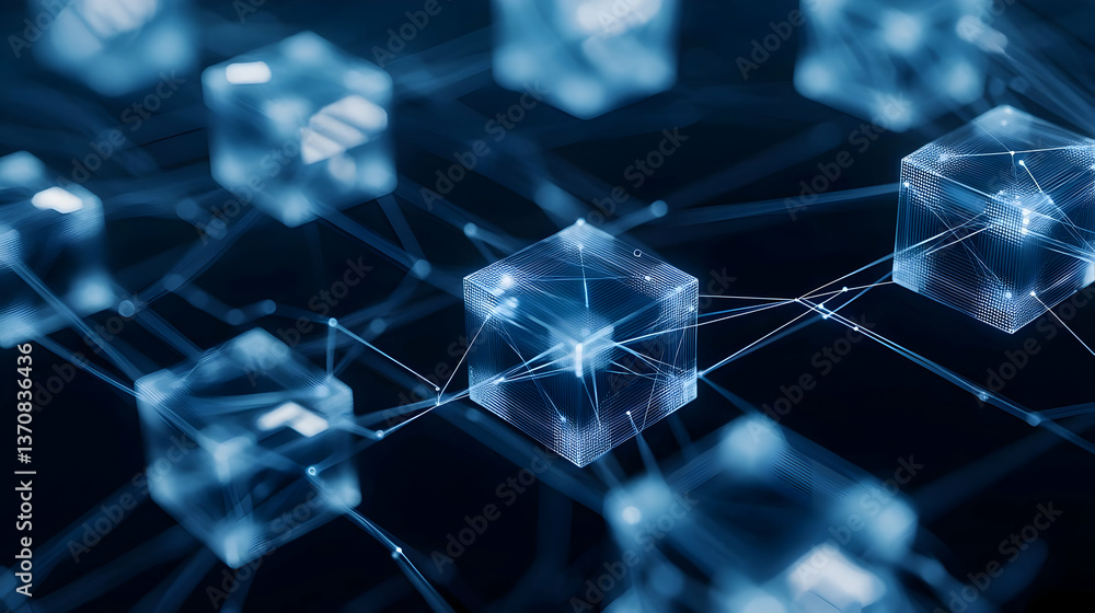 Poster abstract digital network of interconnected cubes