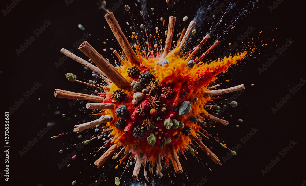 Poster colorful explosion of food items including cinnamon sticks. the explosion is on a black background. 